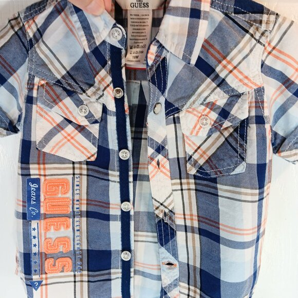 Guess NWOT Boy's Blue Orange Plaid Button Down Short Sleeve Shirt Size 18M - Picture 4 of 16